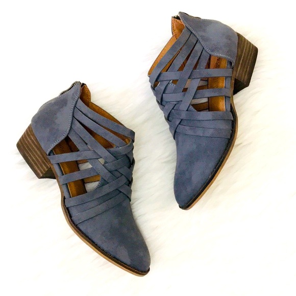 Boutique Shoes - NEW! Aspen Smoke Blue Vegan Leather Strap Booties